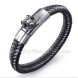 Bracelet Magnétique En Cuir Noir Et Titane Pour Homme