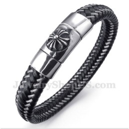 Bracelet Câble En Cuir Noir Et Titane Pour Homme