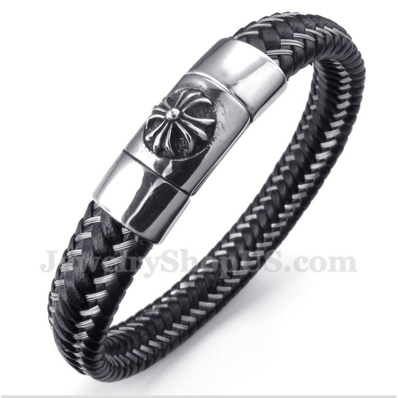 Bracelet Câble En Cuir Noir Et Titane Pour Homme Bracelet Câble En Cuir Noir Et Titane Pour Homme