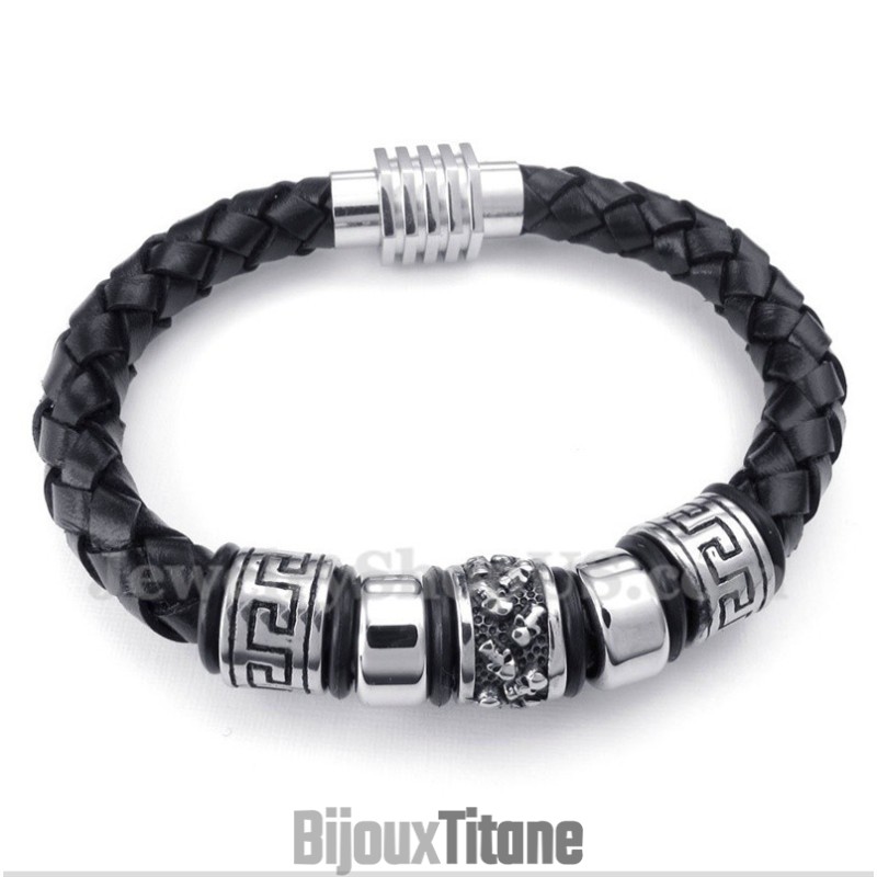 Bracelet En Cuir Et Titane Pour Homme