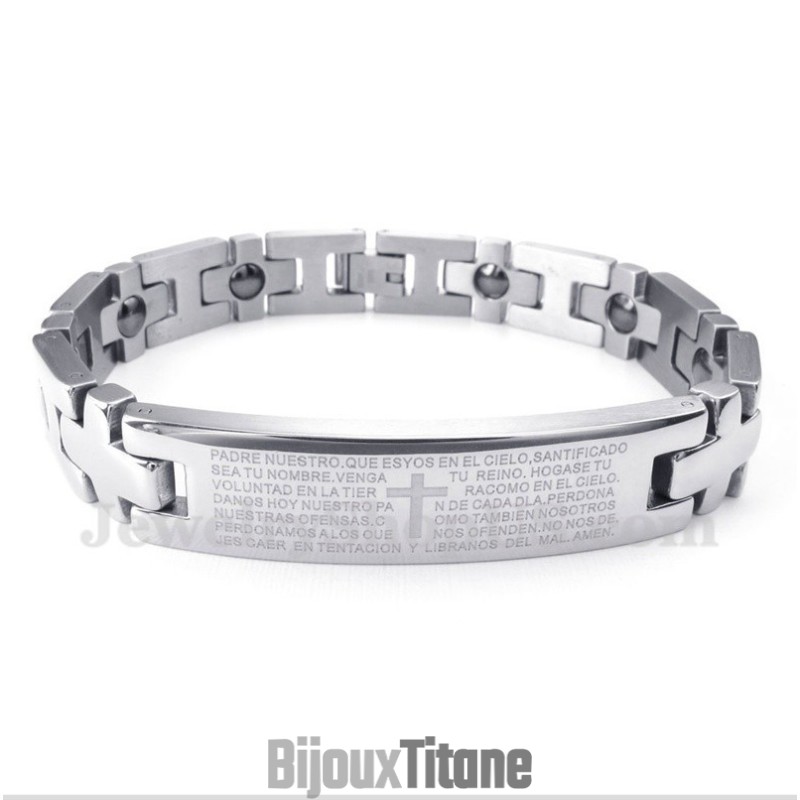 Bracelet Magnétique En Titane Pour Homme Avec Croix Et Verset Biblique