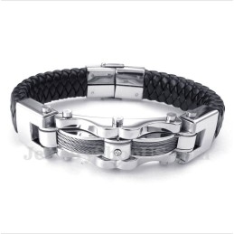 Bracelet En Cuir Et Diamants Pour Homme Avec Câble En Titane