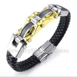 Bracelet Homme En Cuir Et Titane Avec Câble Doré