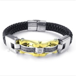 Bracelet Homme En Cuir Et Titane Avec Câble Doré