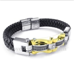 Bracelet Homme En Cuir Et Titane Avec Câble Doré