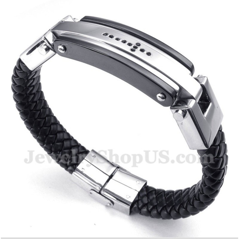 Bracelet Homme En Cuir Et Titane Avec Croix En Cristal Noir