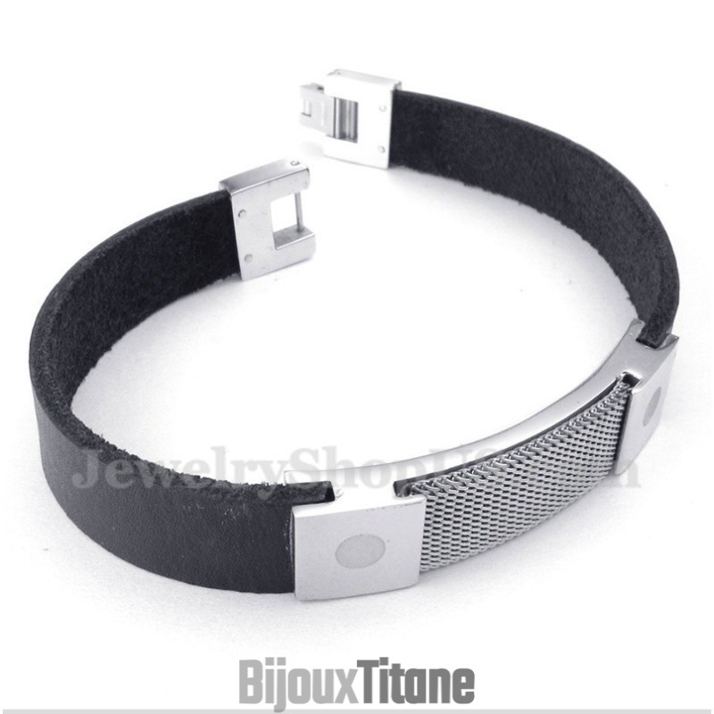 Bracelet En Cuir Et Maille Armure Titane Pour Homme Bracelet En Cuir Et Maille Armure Titane Pour Homme