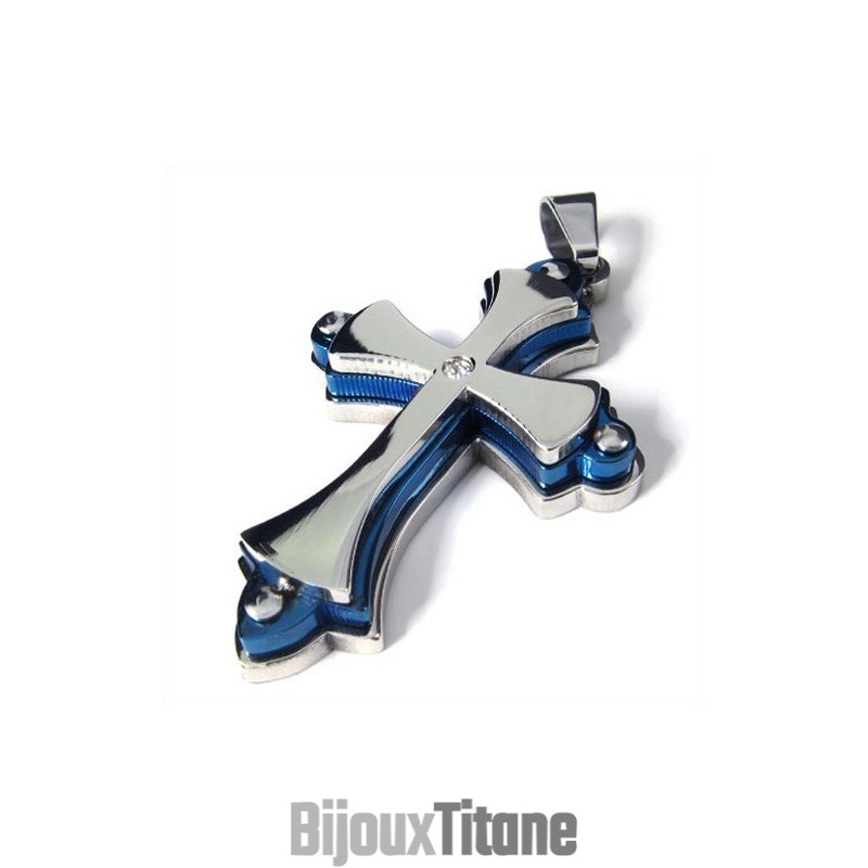 Pendentif Croix En Titane À Trois Couches (Bleu) Pendentif Croix En Titane À Trois Couches (Bleu)