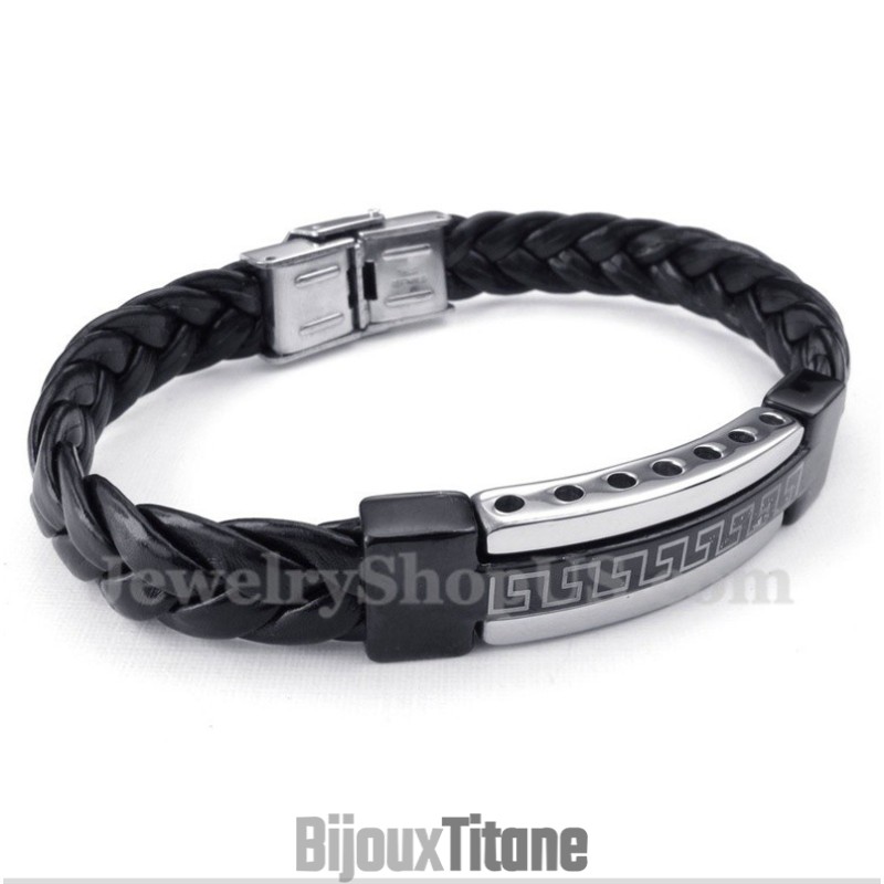 Bracelet En Cuir Et Titane Pour Homme, Motif Méandre Grec Bracelet En Cuir Et Titane Pour Homme, Motif Méandre Grec