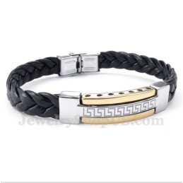 Bracelet En Cuir Doré Et Titane Pour Homme, Motif Méandre Grec
