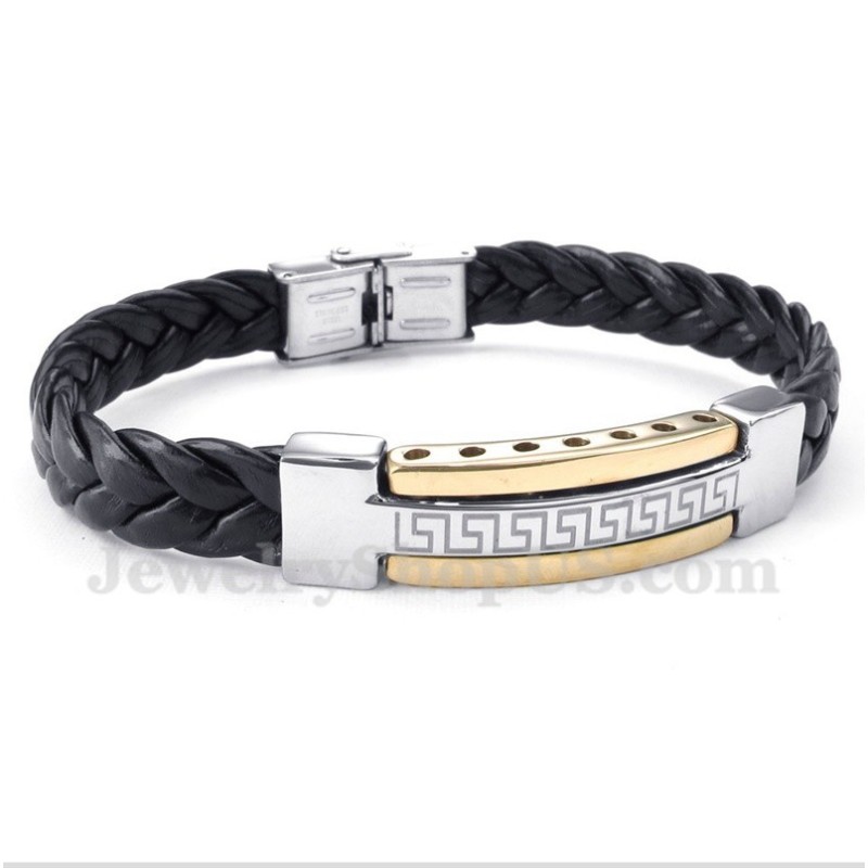 Bracelet En Cuir Doré Et Titane Pour Homme, Motif Méandre Grec Bracelet En Cuir Doré Et Titane Pour Homme, Motif Méandre Grec