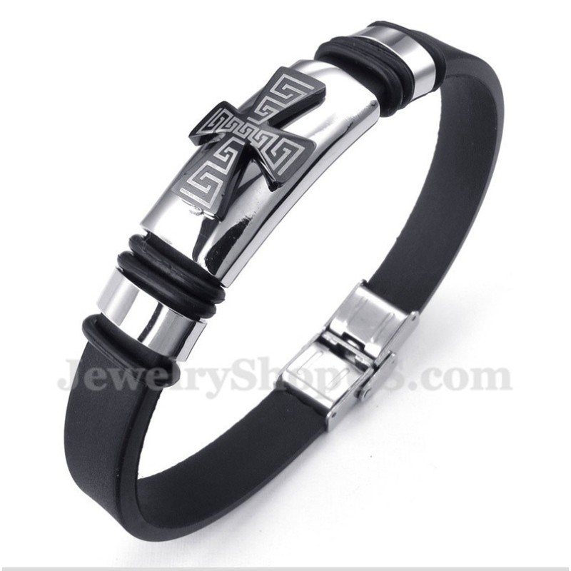 Bracelet En Caoutchouc Et Titane Pour Homme, Motif Croix Grecque Bracelet En Caoutchouc Et Titane Pour Homme, Motif Croix Grecque