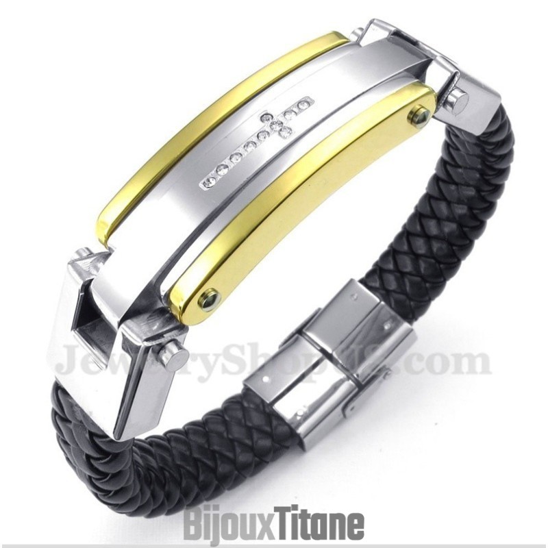Bracelet Homme En Cuir Et Titane Avec Croix Diamantée Bracelet Homme En Cuir Et Titane Avec Croix Diamantée