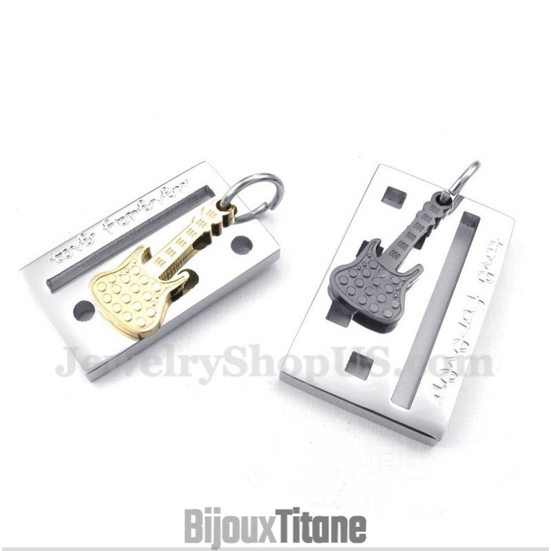 Pendentif Couple Guitare En Titane Avec Chaîne Offerte (Une Paire) Pendentif Couple Guitare En Titane Avec Chaîne Offerte (Une Paire)