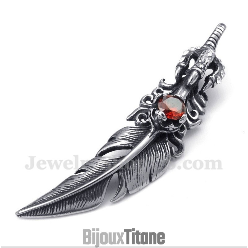 Pendentif Plume En Titane Et Cristal Rouge Pour Homme Avec Chaîne Offerte