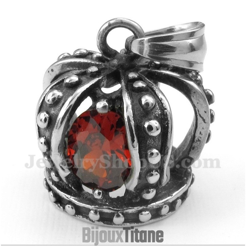 Pendentif Couronne En Titane Et Cristal Rouge Pour Homme Avec Chaîne Offerte
