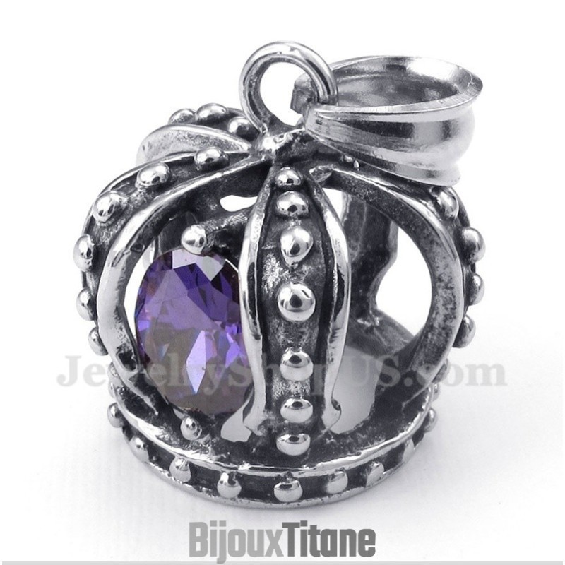 Pendentif Couronne En Titane Et Cristal Violet Pour Homme Avec Chaîne Offerte