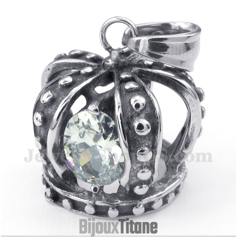 Pendentif Couronne En Titane Et Cristal Blanc Pour Homme Avec Chaîne Offerte Pendentif Couronne En Titane Et Cristal Blanc Pour Homme Avec Chaîne Offerte