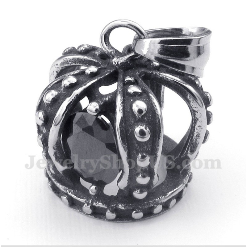 Pendentif Couronne En Titane Et Cristal Noir Pour Homme Avec Chaîne Offerte