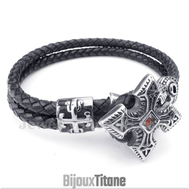 Bracelet En Cuir Et Titane Pour Homme