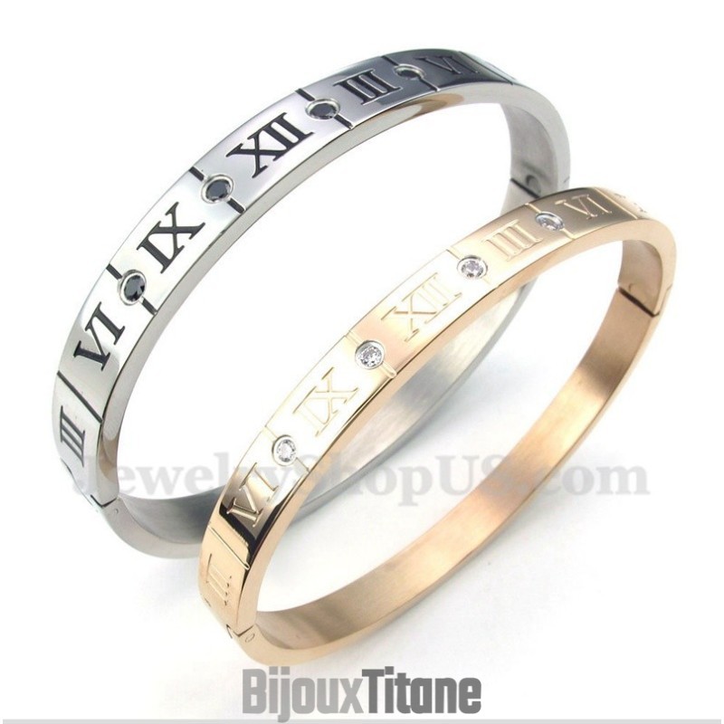 Bracelet Couple En Titane Et Diamants Avec Chiffres Romains (Une Paire)