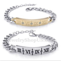Bracelet Couple En Titane Avec Chiffres Romains Et Diamants (Une Paire)