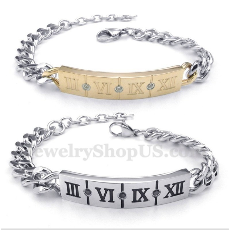 Bracelet Couple En Titane Avec Chiffres Romains Et Diamants (Une Paire)