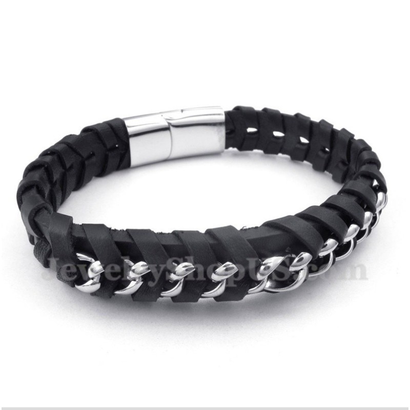 Bracelet En Cuir Et Titane Pour Homme