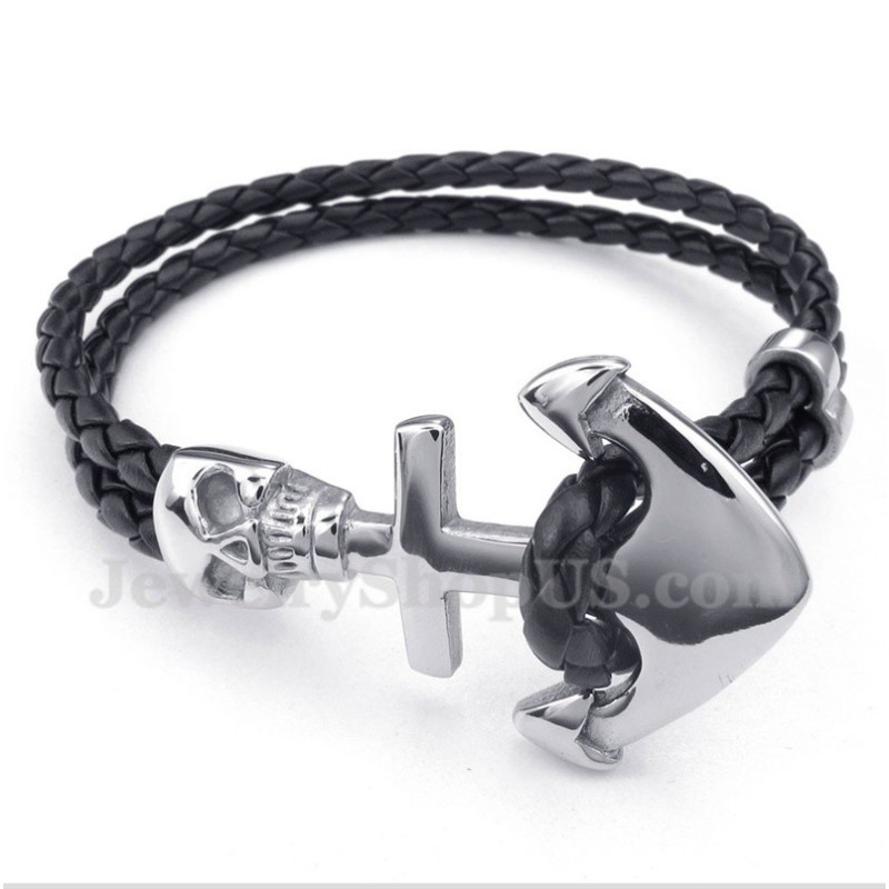 Bracelet Homme En Cuir Et Titane Avec Ancre