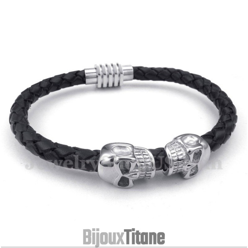 Bracelet Homme En Cuir Et Titane Avec Tête De Mort