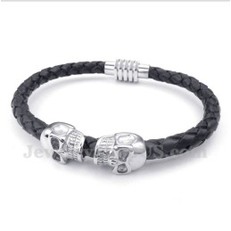 Bracelet Homme En Cuir Et Titane Avec Tête De Mort