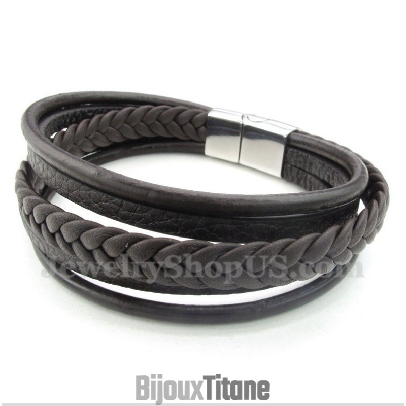 Bracelet En Cuir Et Titane Pour Homme