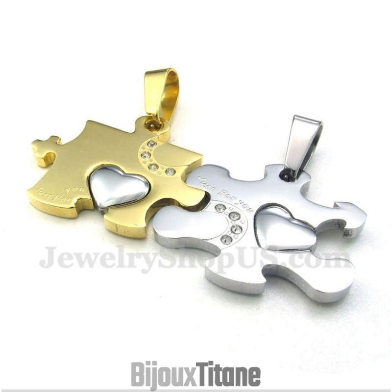 Pendentif Couple Puzzle En Titane Et Or Avec Chaîne Offerte (Une Paire) Pendentif Couple Puzzle En Titane Et Or Avec Chaîne Offerte (Une Paire)