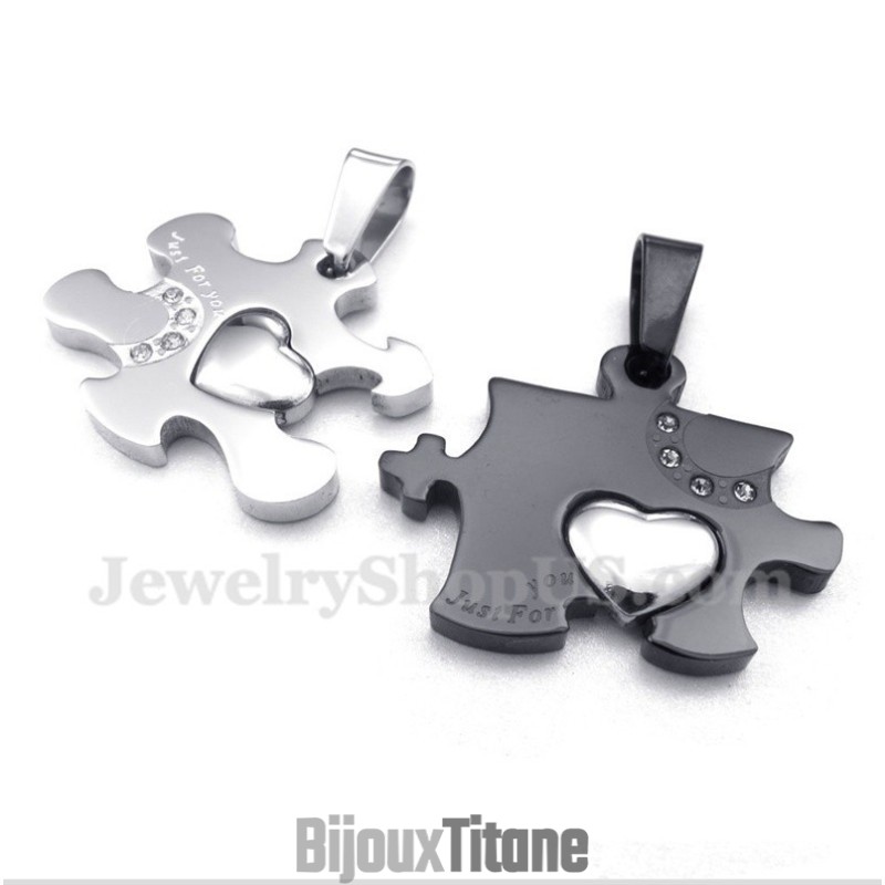 Pendentif Couple Puzzle En Titane Noir Avec Chaîne Offerte (Une Paire)