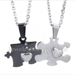 Pendentif Couple Puzzle En Titane Noir Avec Chaîne Offerte (Une Paire)