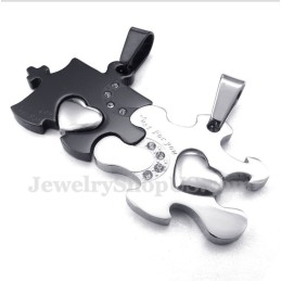 Pendentif Couple Puzzle En Titane Noir Avec Chaîne Offerte (Une Paire)