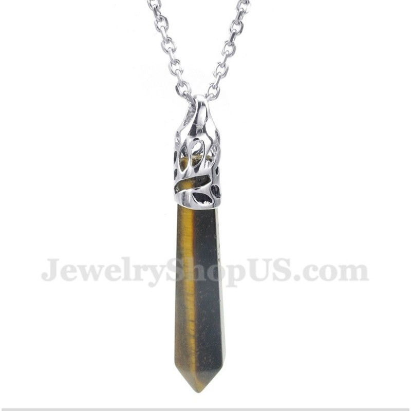 Pendentif Prisme Hexagonal En Œil De Tigre Pour Homme Avec Chaîne Offerte