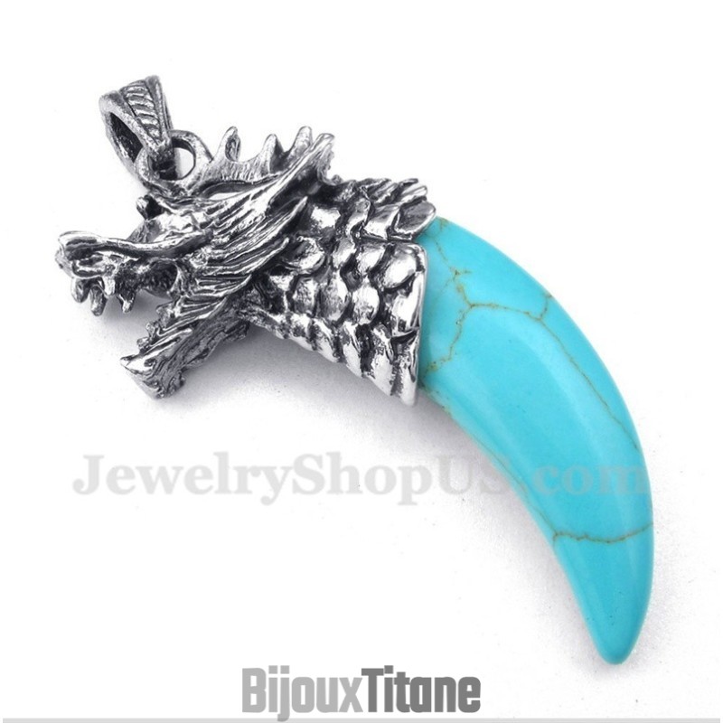 Pendentif Tête De Loup En Titane Turquoise Pour Homme Avec Chaîne Offerte