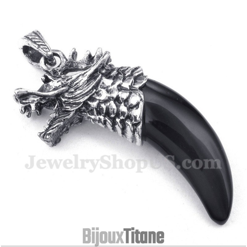 Pendentif Tête De Loup En Titane Et Onyx Noir Pour Homme, Avec Chaîne Offerte