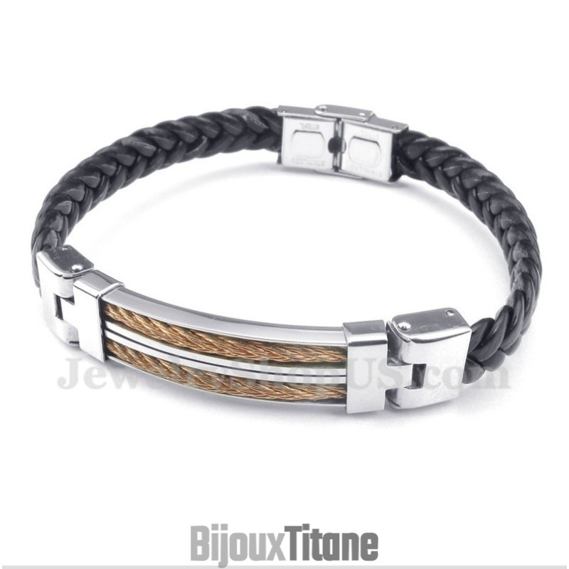 Bracelet Homme En Cuir Et Titane Or Rose Bracelet Homme En Cuir Et Titane Or Rose