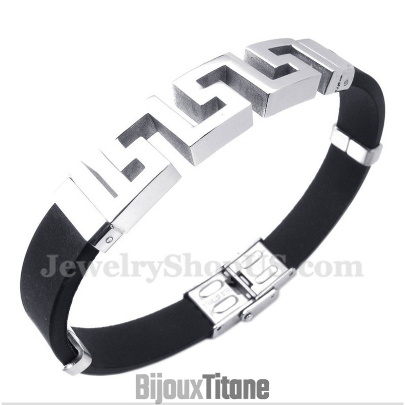 Bracelet Pour Homme En Caoutchouc Titane À Motif Méandre Grec