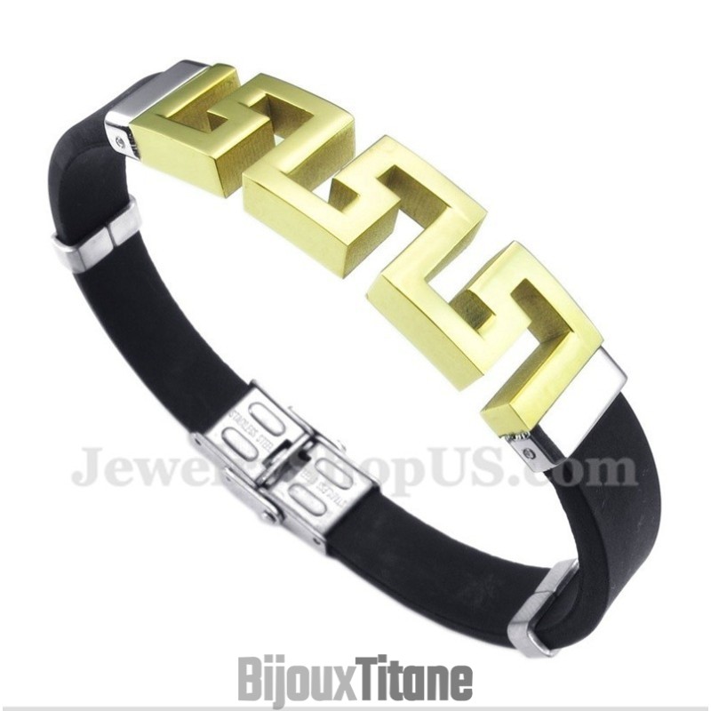 Bracelet Pour Homme En Titane Et Caoutchouc Doré À Motif Méandre Grec