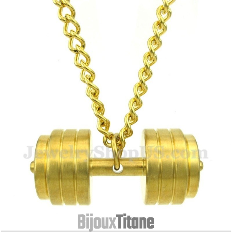 Pendentif Haltères En Titane Doré Pour Homme Avec Chaîne Offerte