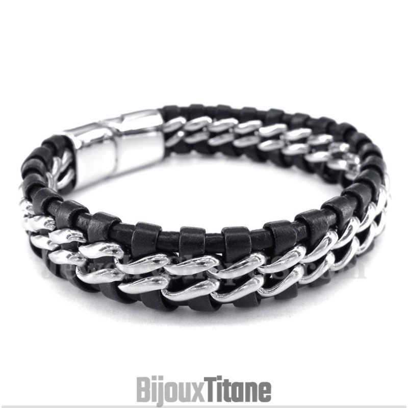 Bracelet En Cuir Et Titane Pour Homme