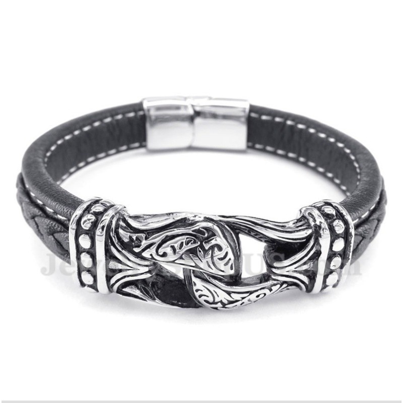 Bracelet En Cuir Titane Noir Pour Homme