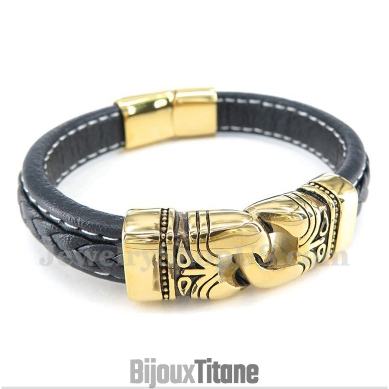 Bracelet En Cuir Plaqué Or Et Titane Pour Homme Bracelet En Cuir Plaqué Or Et Titane Pour Homme