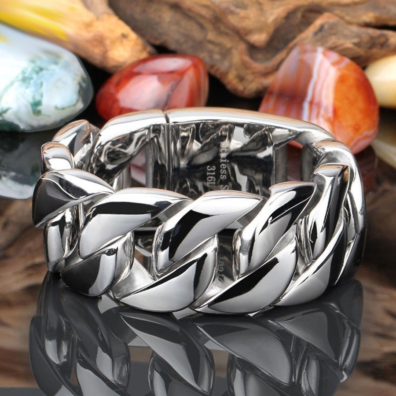 Bracelet Chaîne En Titane Brillant À Section Épaisse Tendance