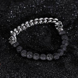 Bracelet En Titane Avec Perles En Pierre Volcanique Et Tête De Mort Et Bouddha