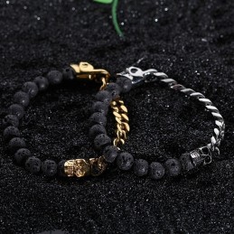 Bracelet En Titane Avec Perles En Pierre Volcanique Et Tête De Mort Et Bouddha