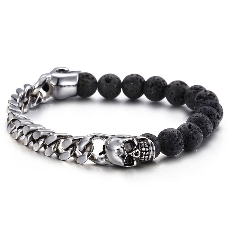 Bracelet En Titane Avec Perles En Pierre Volcanique Et Tête De Mort Et Bouddha Bracelet En Titane Avec Perles En Pierre Volcanique Et Tête De Mort Et Bouddha